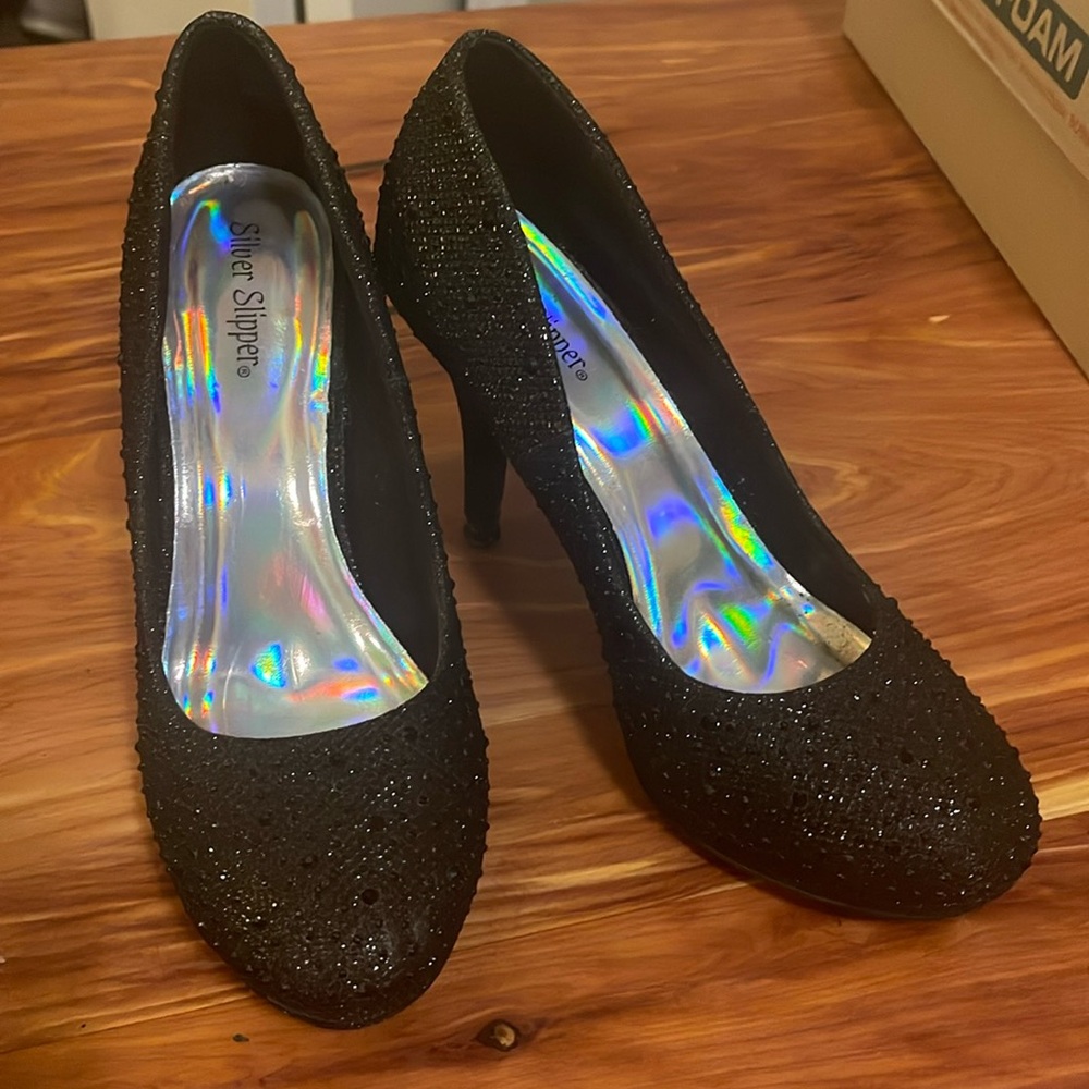 Silver slipper black sparkly, rhinestones, high heel